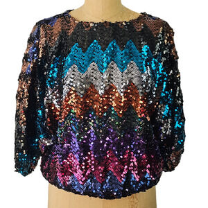 VTG Joy Stevens multi sequin chevron dolman top blouse evening bling Small